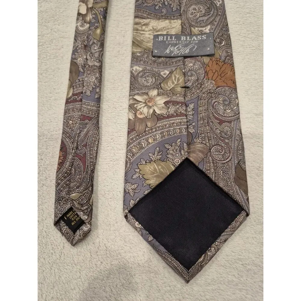 Vintage Bill Blass Lord & Taylor Tie Men Vintage Brown Tan Floral Paisley Silk